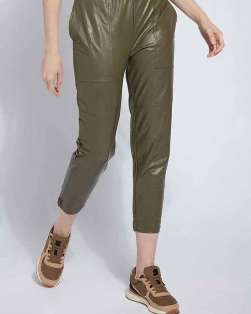 Front of a model wearing a size XL Women'S Brisk Leather Jogger In Green Ivy in Green Ivy by Lysse. | dia_product_style_image_id:356765